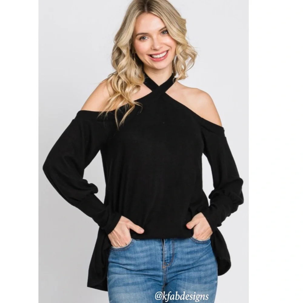 LAST 1! Super Soft Black Cross Neck Cold Shoulder Cuffed Sleeve Top - Picture 1 of 8